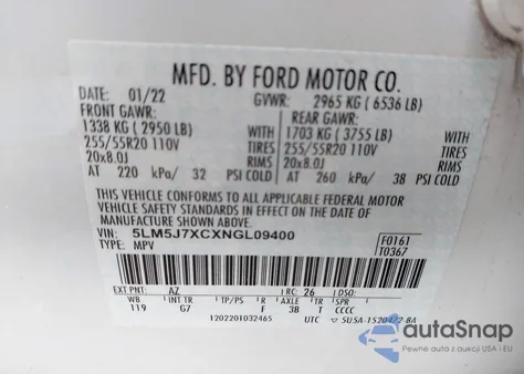 2022 Lincoln Aviator Reserve z USA, uszkodzony, nr VIN 5LM5J7XCXNGL09400